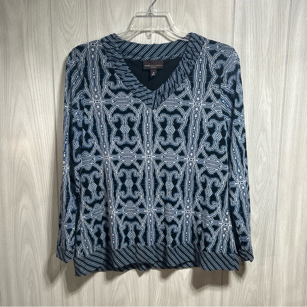Dana Buchman V-Neck Navy Geometric Print Blouse Size 1X